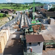Rundholzplatz mit Portalkran und Schienenanlage