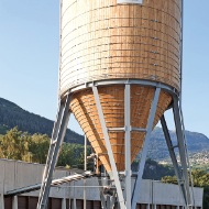 Round wooden silo with 400m3, capacity winter services base Sion, Canton Valais 