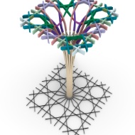 Model of the beam structured with nodes and connections shown in different colours.