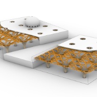 Das parametrische Modell der Cambridge Mosque mit Anschlüssen und Schnittstellen, in Weiss und Orange