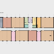 Floor plan of the large base model with several primary spaces and infrastructure areas in timber construction