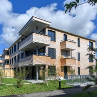 Ein Mehrfamilienhaus, welches die Elemente Holz und Glas miteinander vereint.