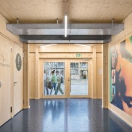 Students in the entrance area of the temporary sports hall.