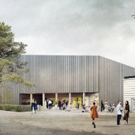 The external view of the temporary theatre conceals the timber construction at first glance. The roof and facades are clad with section sheet. 