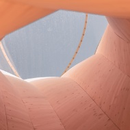 Detailed view of the Urbach Tower showing the self-formed wood components from the interior with views from the tower