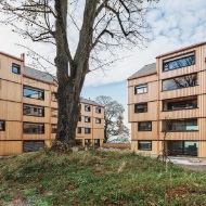 Ansicht des Mehrgeschossigen Holzbau Vögelinsegg im Speicher mit einer Fassade aus Schweizer Holz