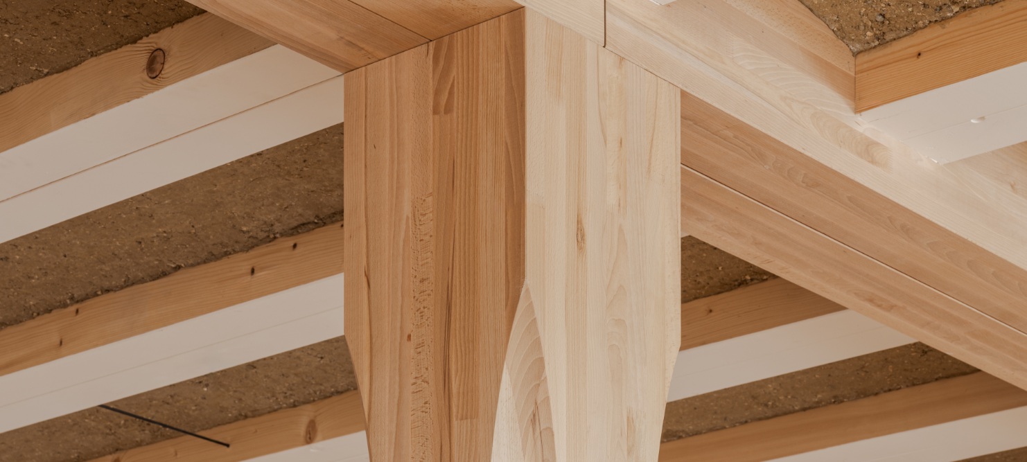 Detail view of the timber structure in the HORTUS office building in Basel.