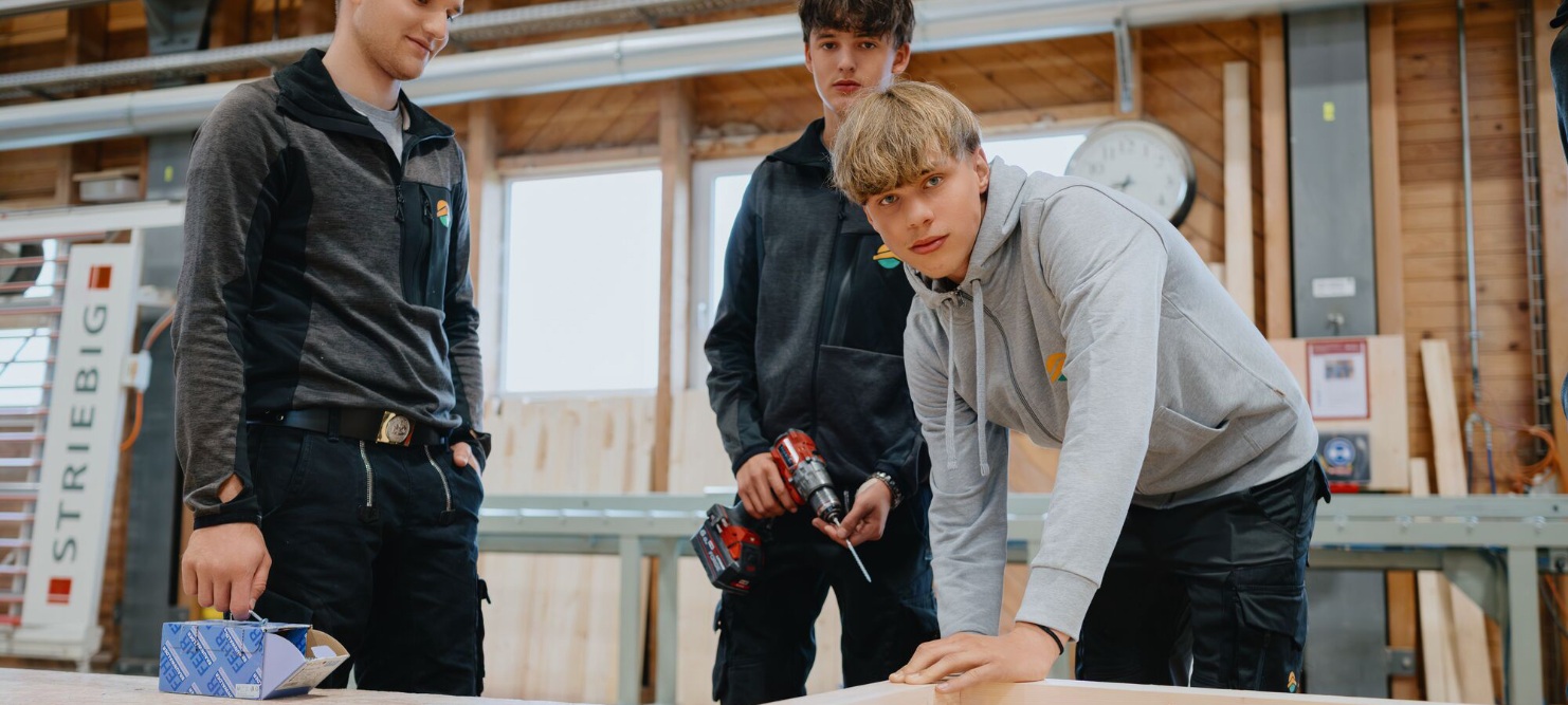 Un groupe de 3 apprenants. Une personne regarde la caméra, 2 personnes regardent la pièce à travailler.