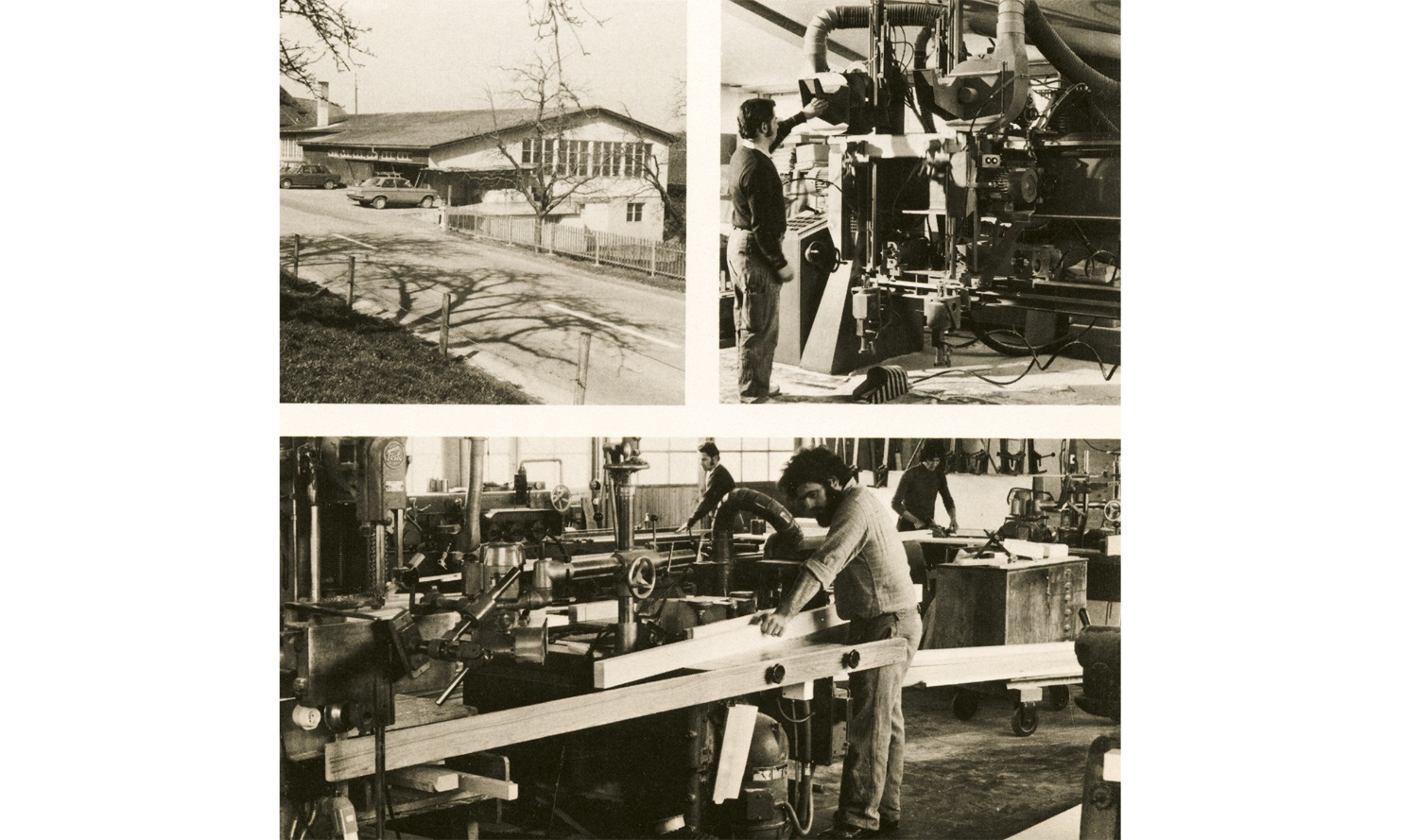 Three old photos showing inside and outside of Scheiwiler’s timber construction business in Edliswil