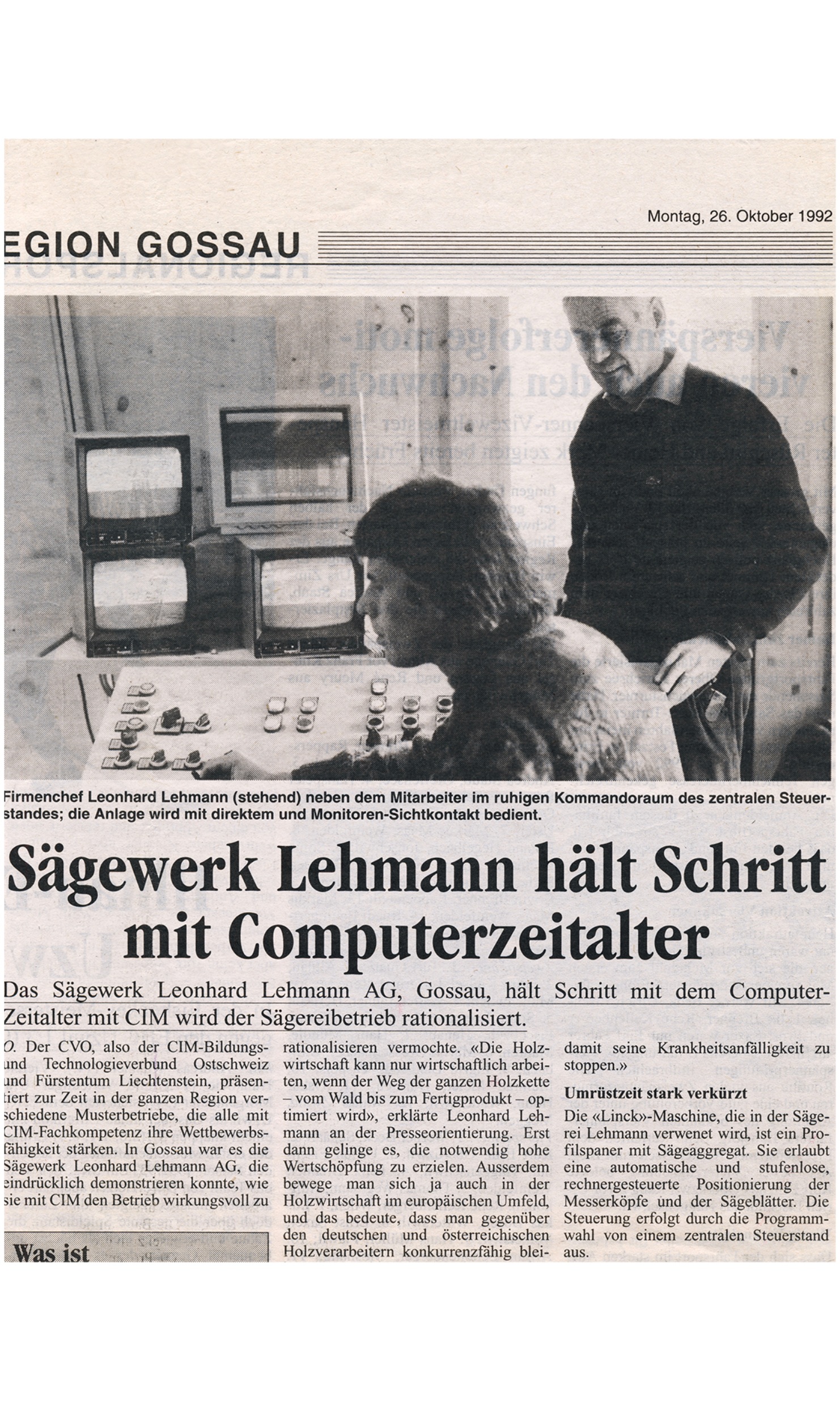 Zeitungsartikel in der Zeitung Ostschweiz von Oktober 1992 "Sägewerk Lehmann hält Schritt mit Computerzeitalter"