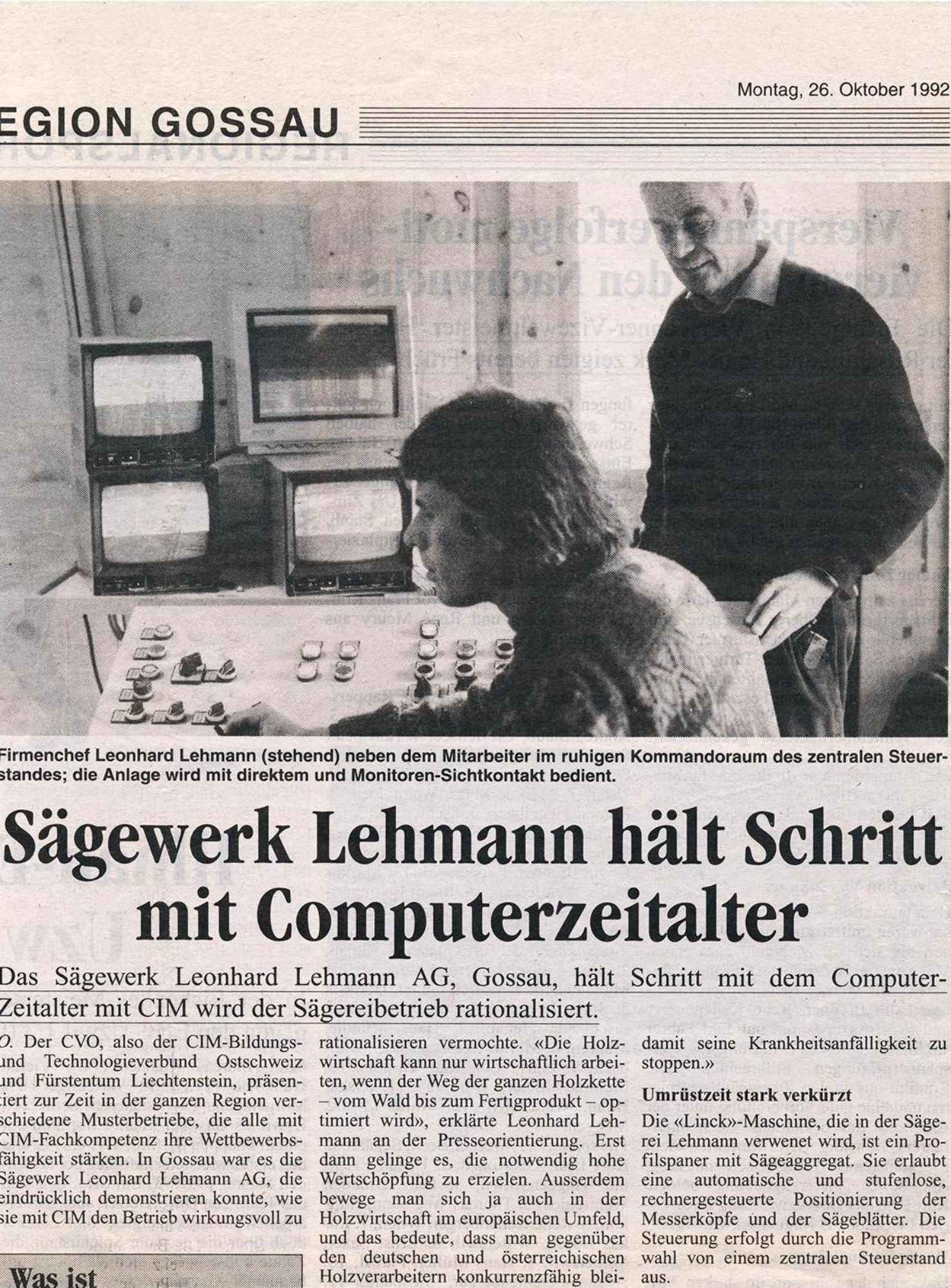 Newspaper article (‘Sägewerk Lehmann hält Schritt mit Computerzeitalter’) published in Ostschweiz in October 1992