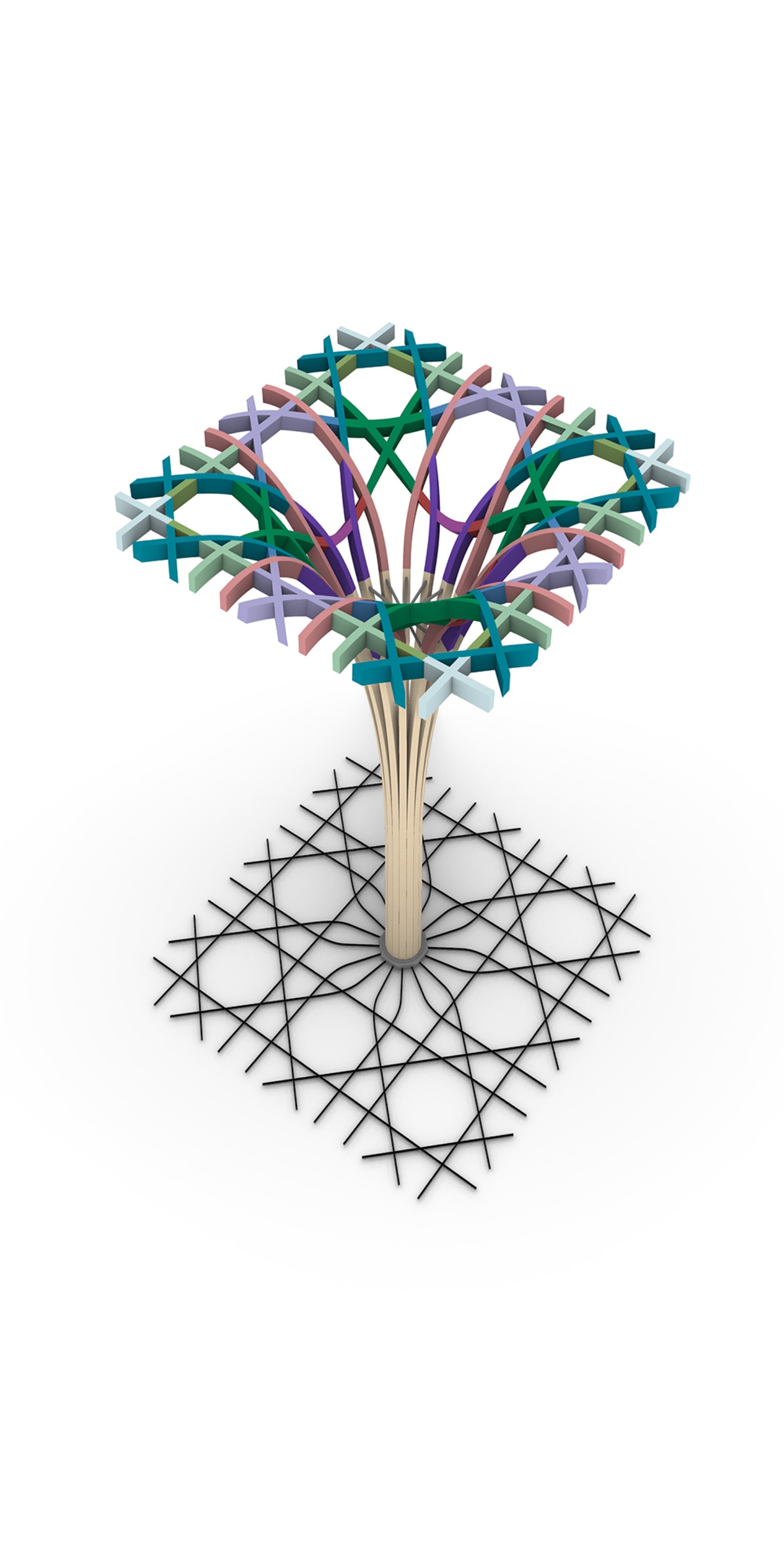 Model of the beam structured with nodes and connections shown in different colours.