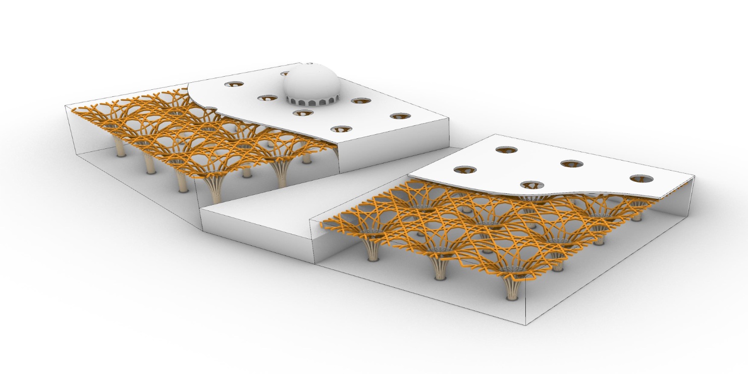 Das parametrische Modell der Cambridge Mosque mit Anschlüssen und Schnittstellen, in Weiss und Orange