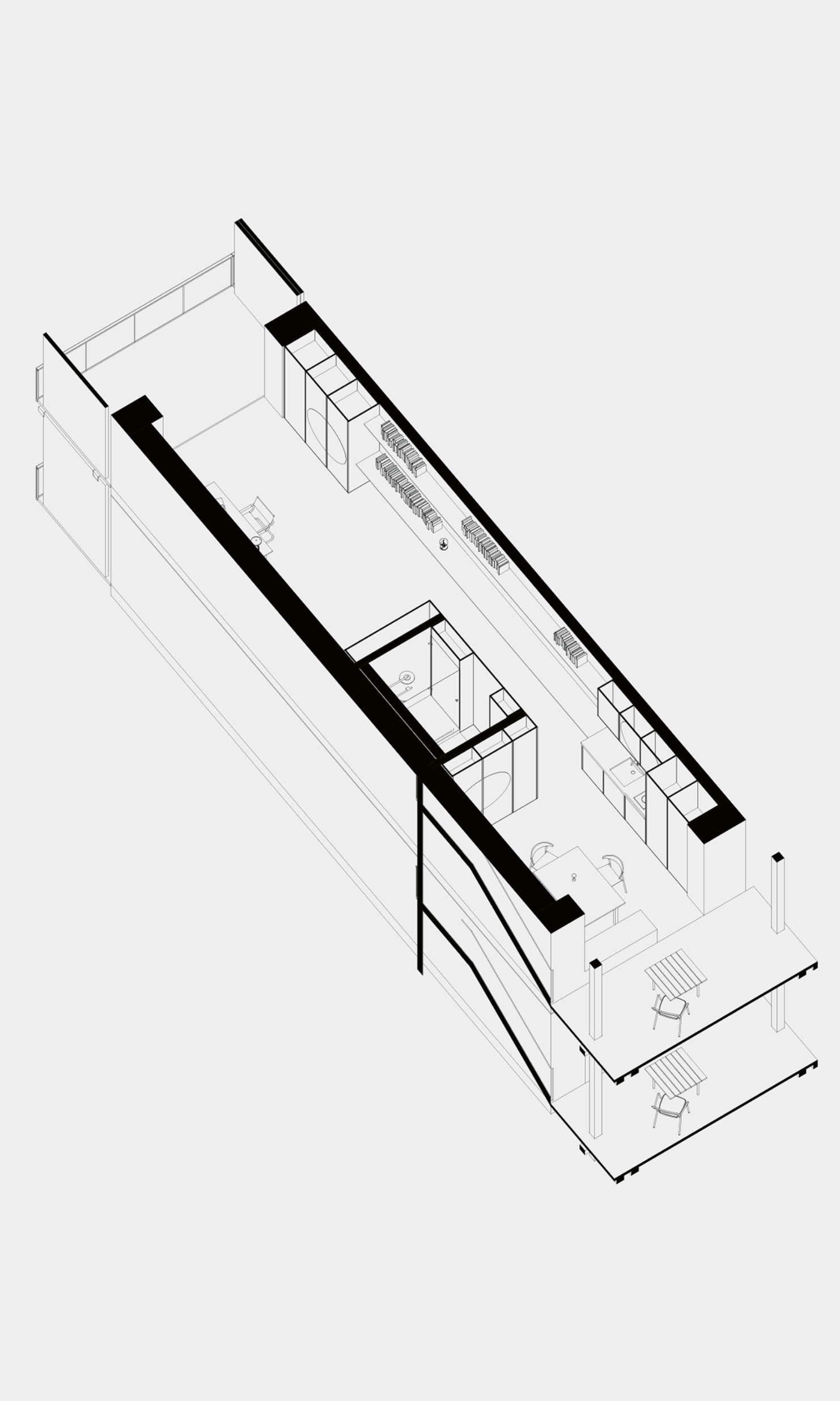 Single-unit living areas with around 27 m2 of floor area provide space for a one-wall kitchen, a bathroom, table and foldaway bed. A balcony affords views of greenery.