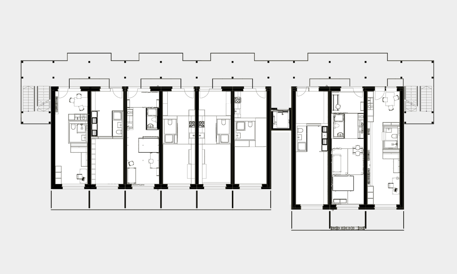 Division of timber modules into residential area, meeting rooms, function room, gym and music room