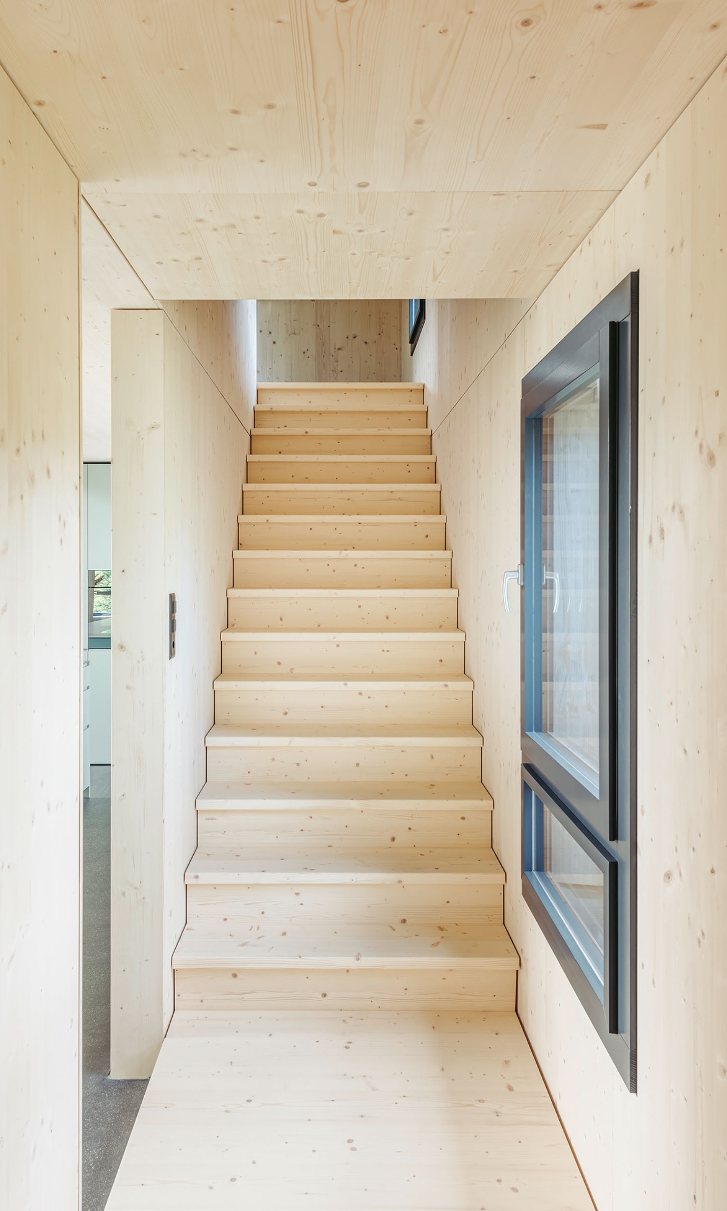 Vue détaillée de l’escalier. Comme les murs, le toit et le plancher, l’escalier est également entièrement en bois d’épicéa.