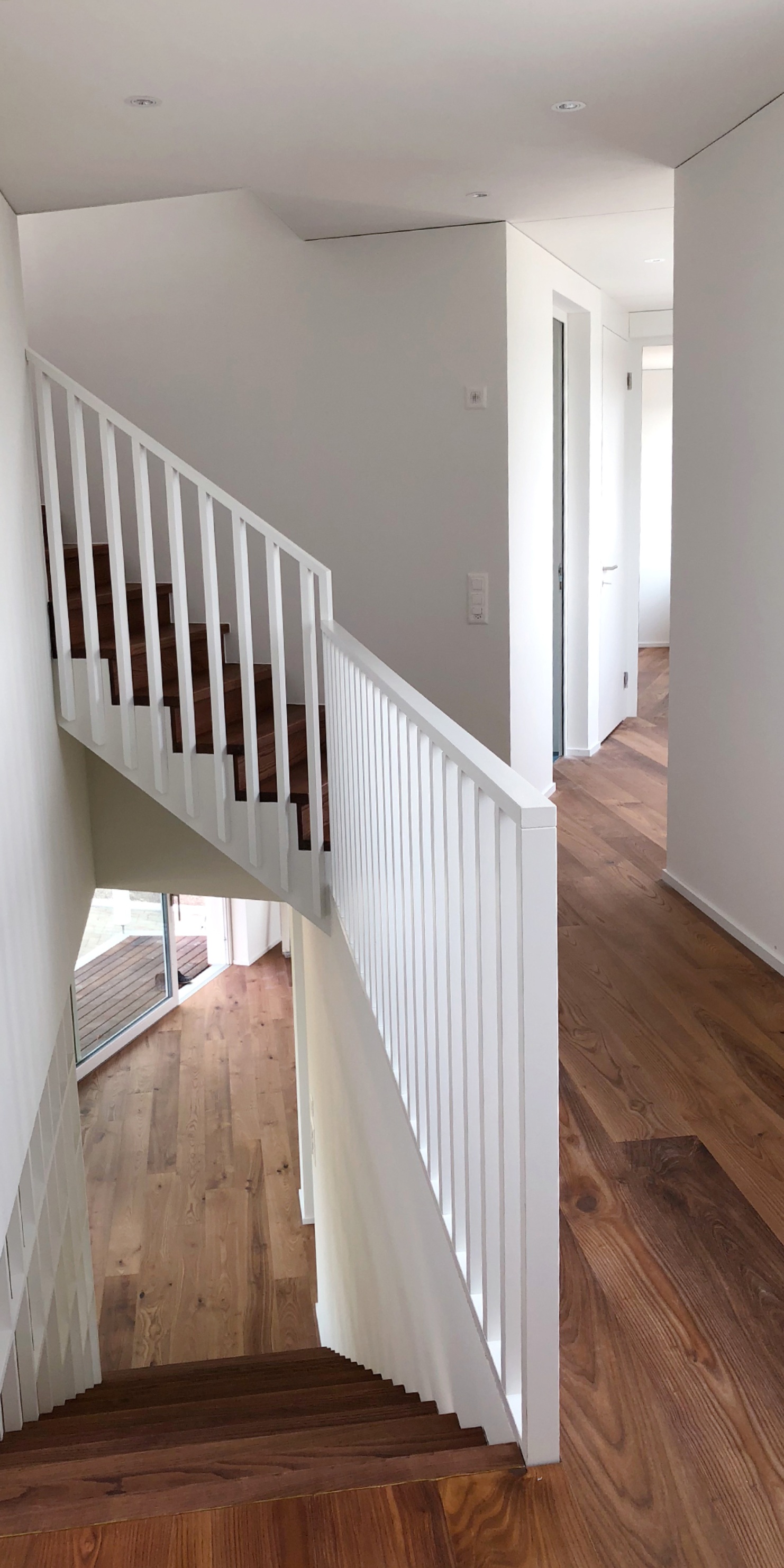 Espace intérieur avec escalier et garde-corps ainsi qu’un long couloir d’une maison individuelle avec vue sur le lac de Constance.