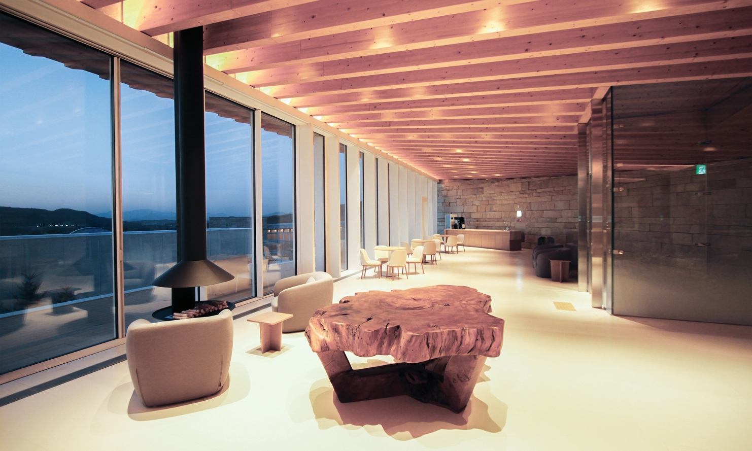 Haesley Nine Bridges Golf Club, interior shot of the lounge in the Recreation Centre at night, with artificial light