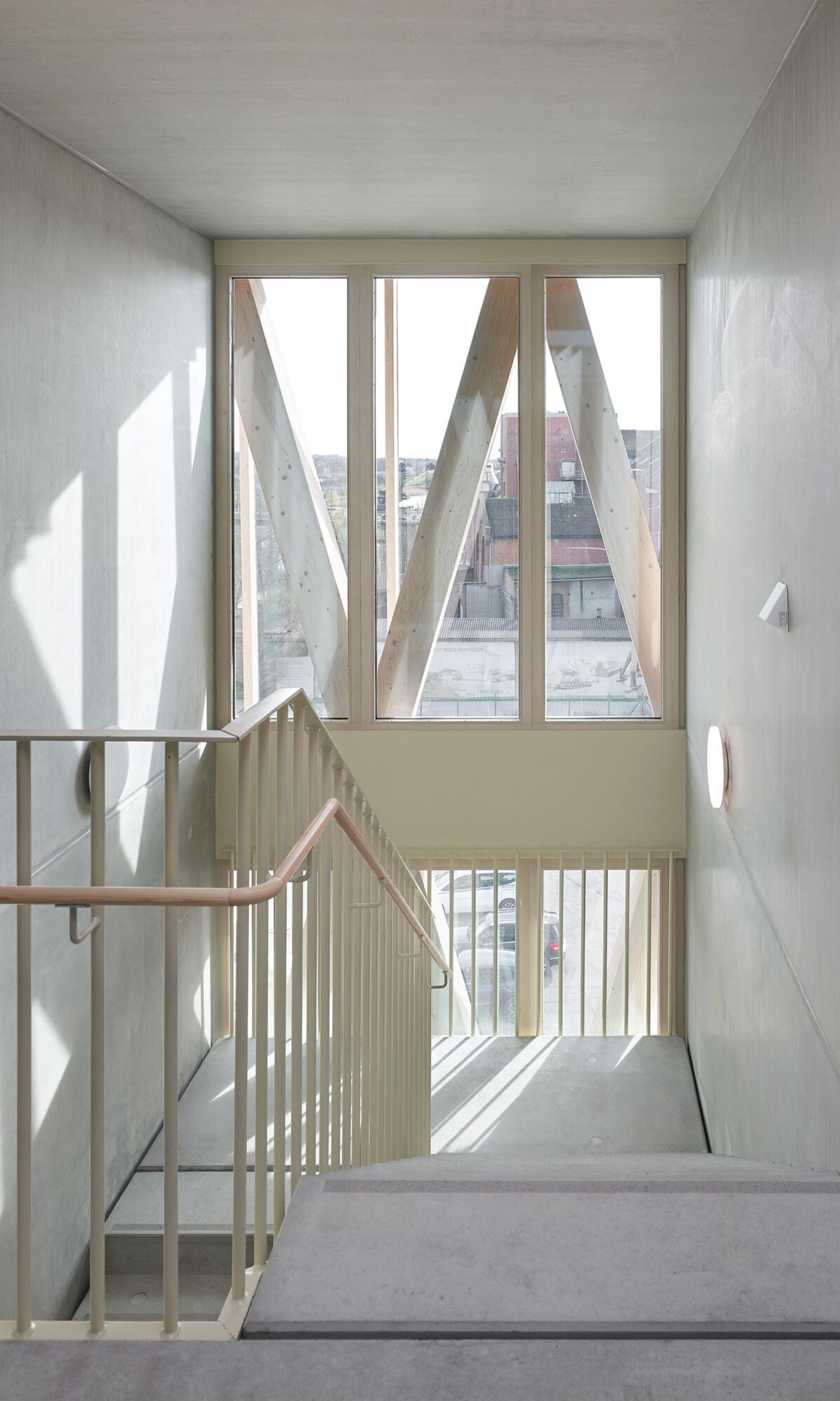 View of the stairwell in the wooden cube