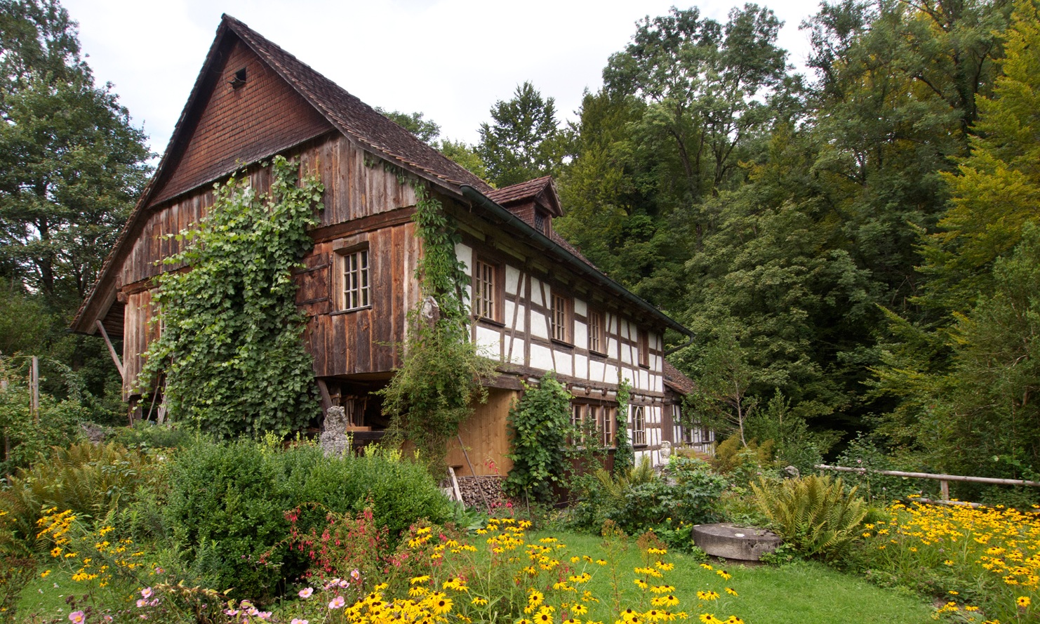 Gesamtansicht der denkmalgeschützten Kobesenmühle in ländlicher Umgebung