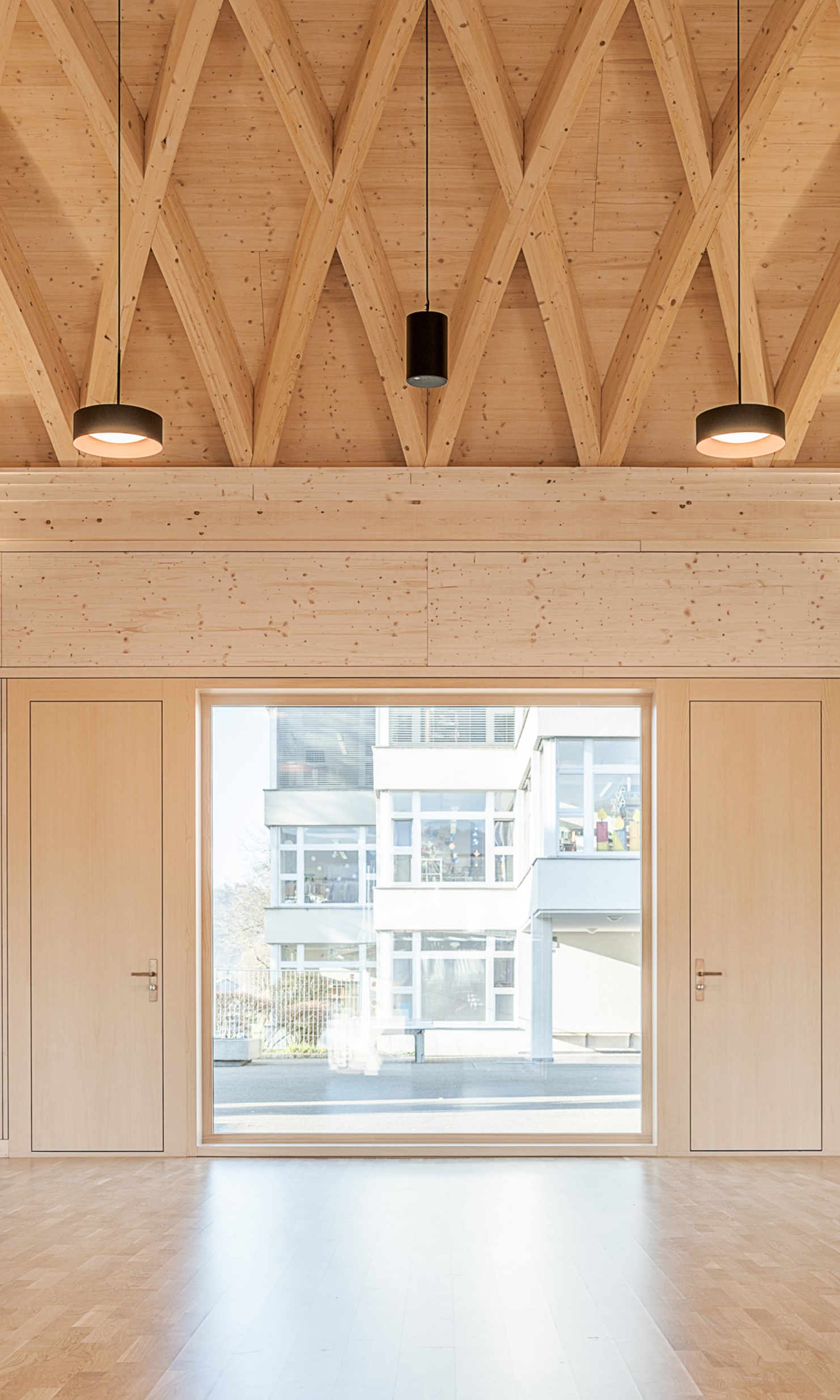 Internal view of the cultural hall looking out the window