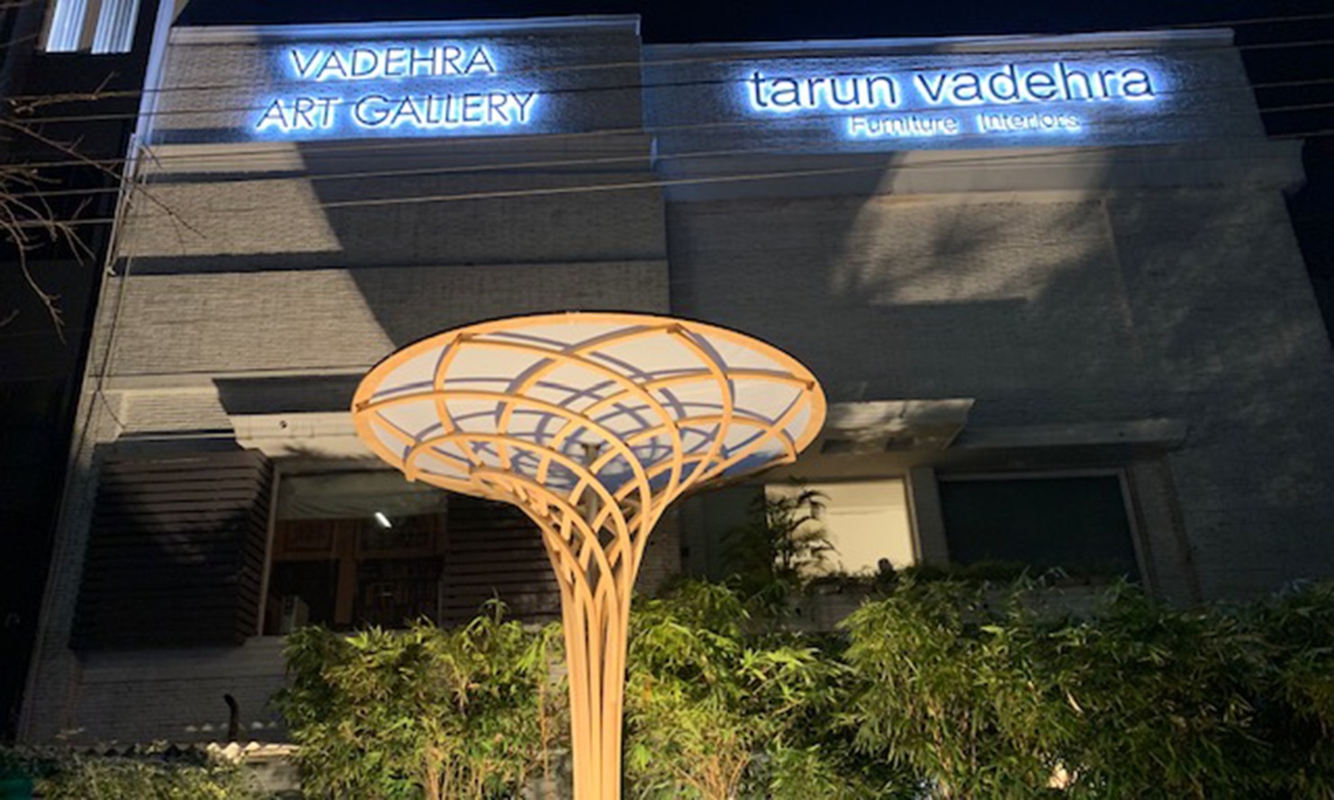 Eine freigeformte Holzskulptur in Form einer Blumer steht vor der Vadehra Art Gallery in Delhi. Es ist Nacht und der Free Form-Baum ist beleuchtet.