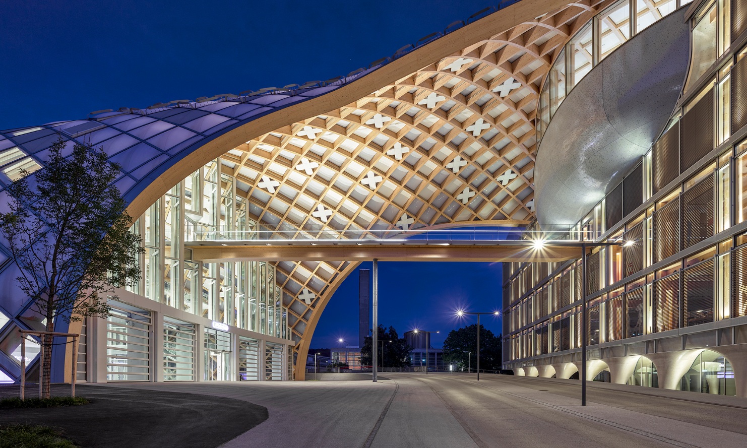 View of the impressive timber lattice structure on the Swatch office building