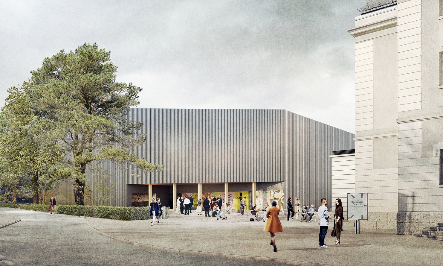 Gesamtansicht des Theaterprovisoriums St. Gallen neben dem Stadttheater, Visualisierung