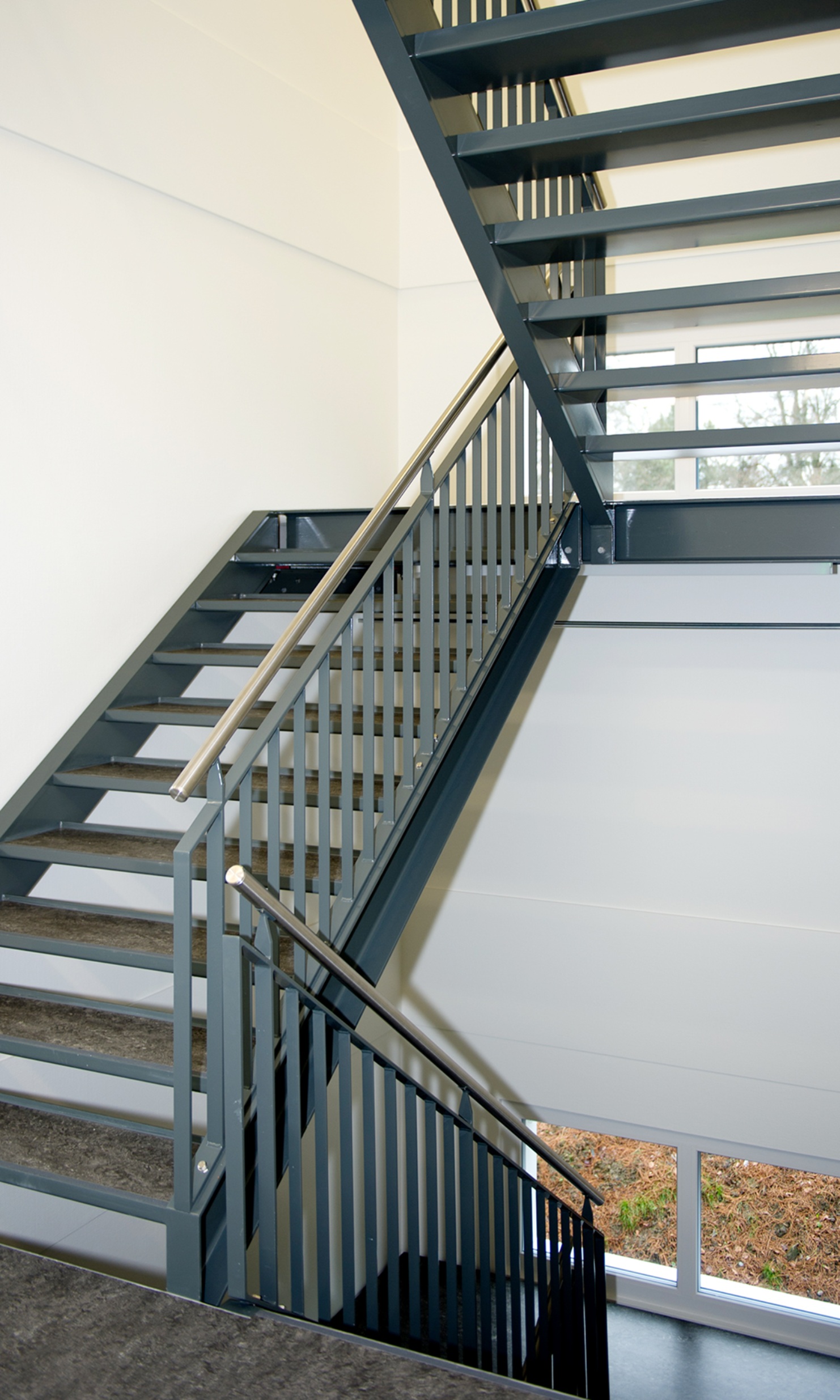 Stairwell in the three-storey temporary building at the University of St. Gallen 