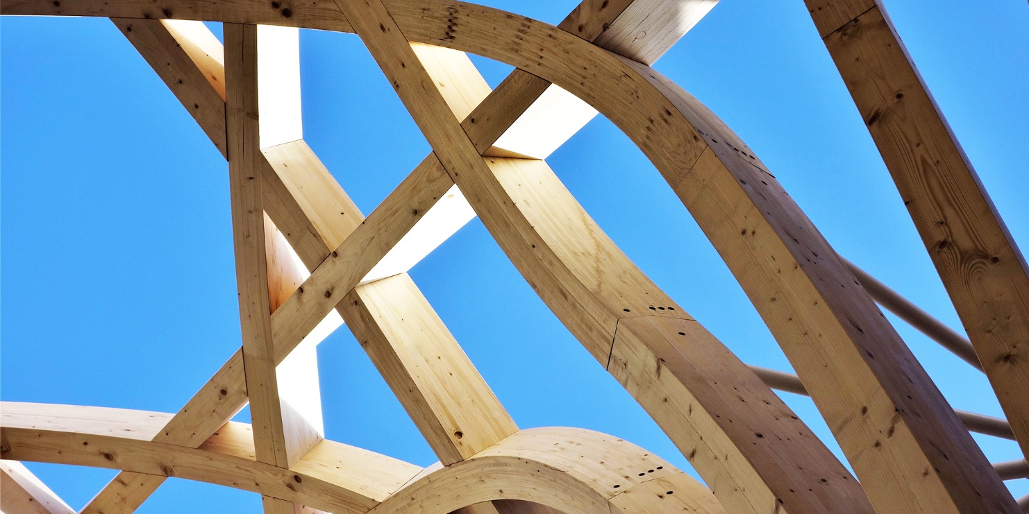 Gekrümmte Holzträger vor blauem Himmel 