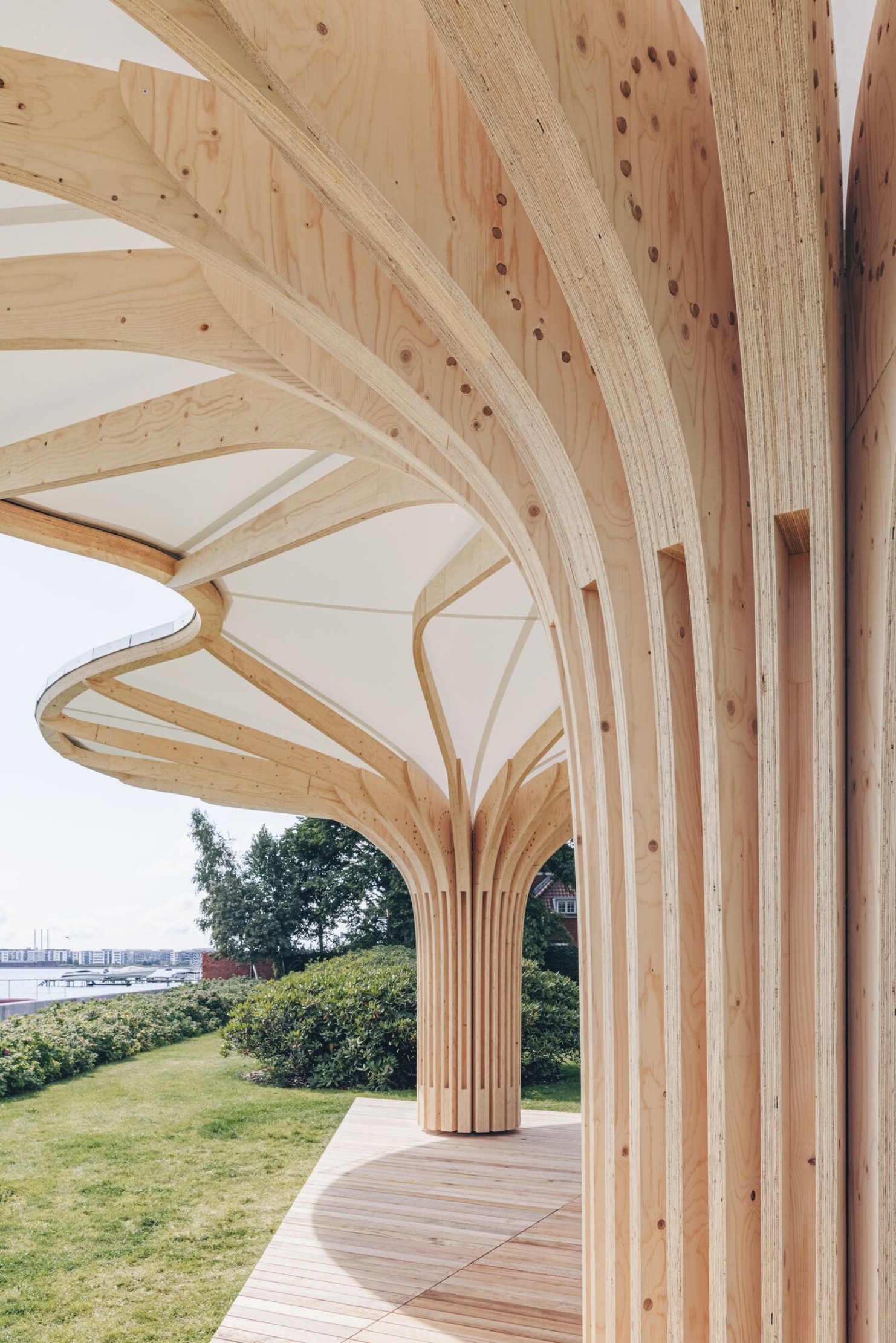 Structure porteuse et toit couvert du pavillon en bois