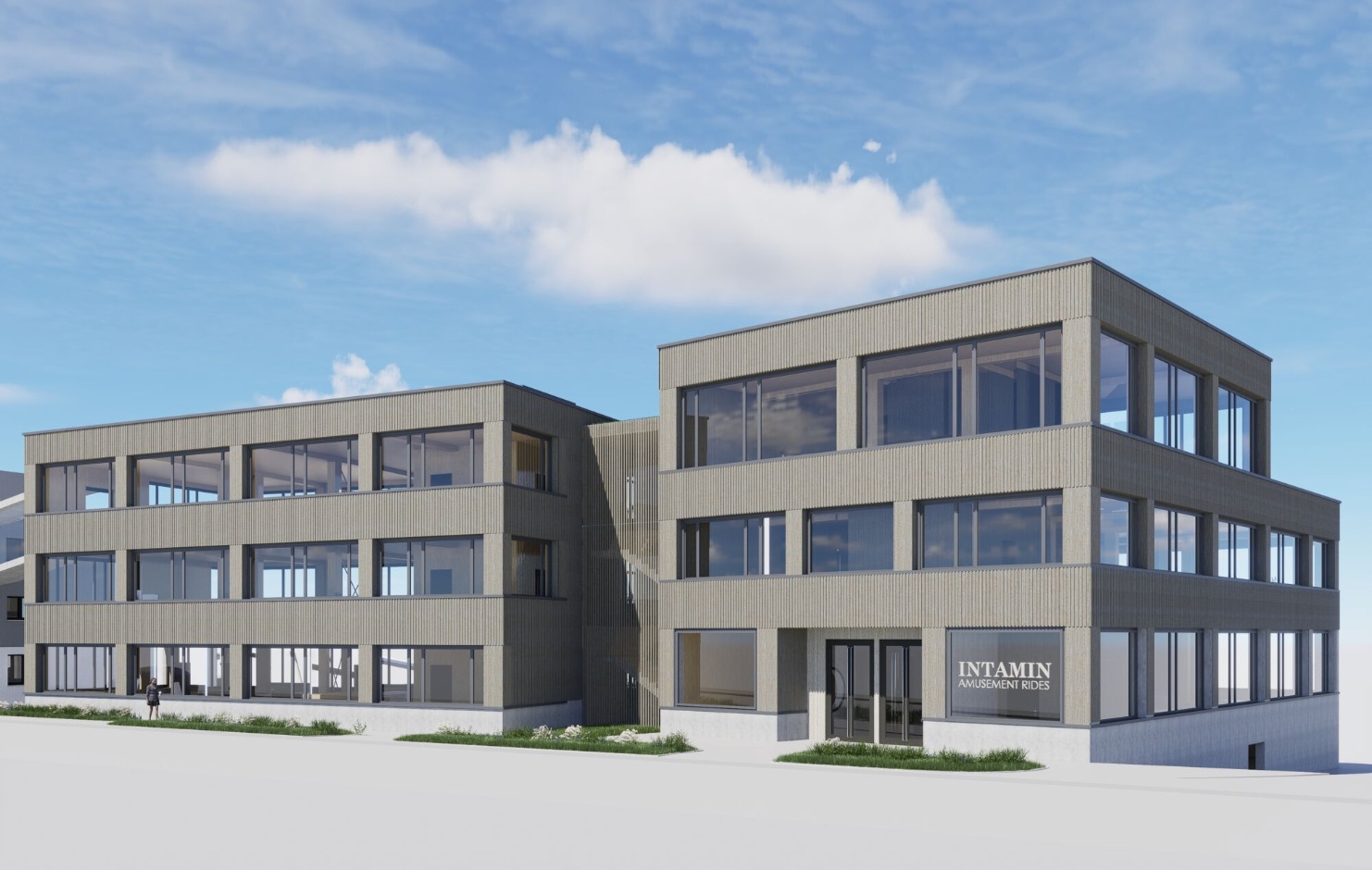 Visualisierung des Büroneubaus von Intamin Amusement Rides