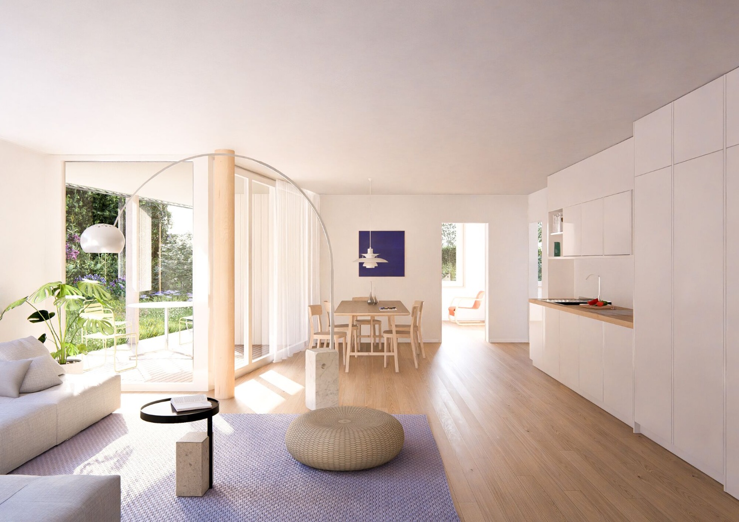 Visualisierung von Küche und Wohnbereich einer Wohnung der Klimasiedlung Augarten