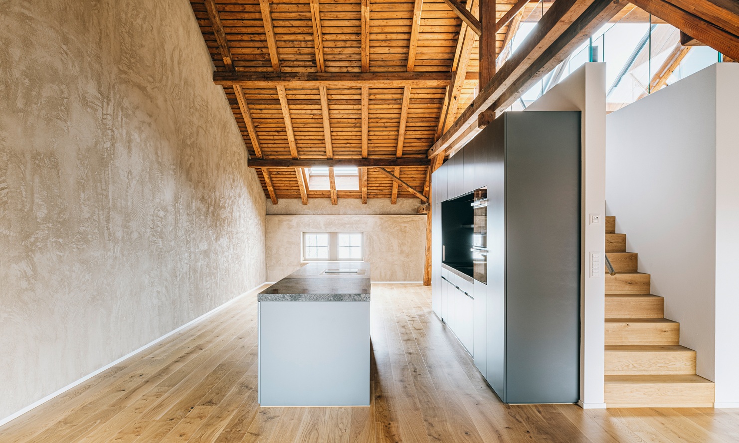 Interior of the Kornhaus with kitchen and stairs