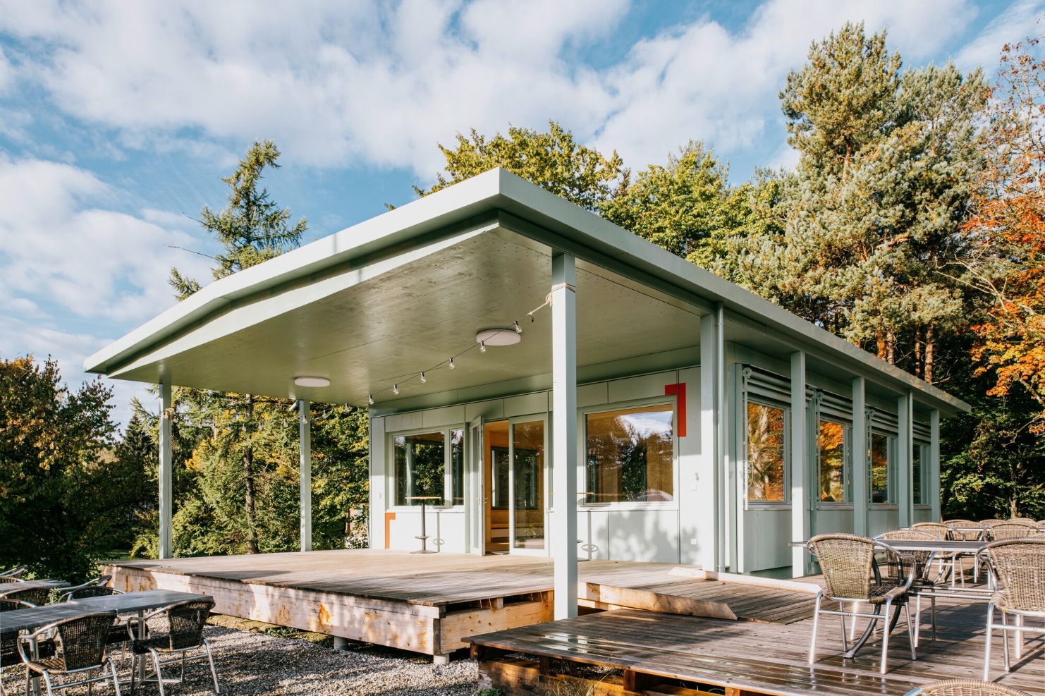 Sportfeld pavilion with terrace and seating.