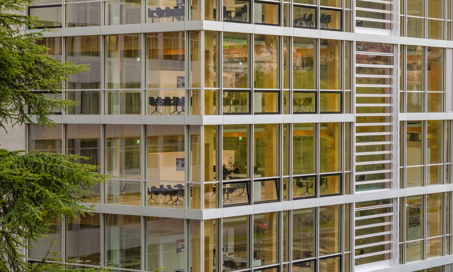 Aussenansicht der Bürogebäude Omega mit Blick in den Innenbereich mit Büroausstattung und Holzstruktur