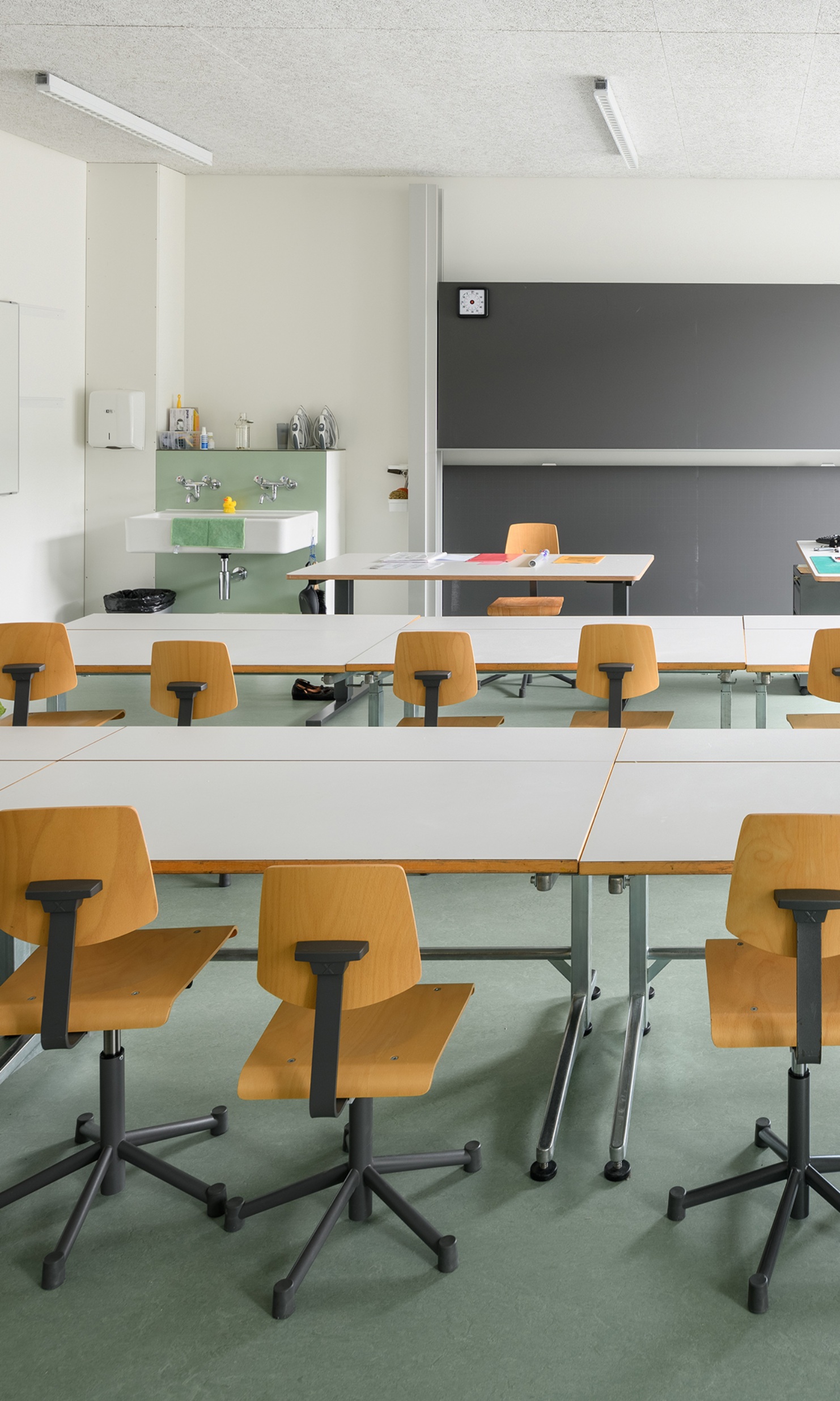 Interior view of a classroom in the temporary St.Karli school building in Lucerne