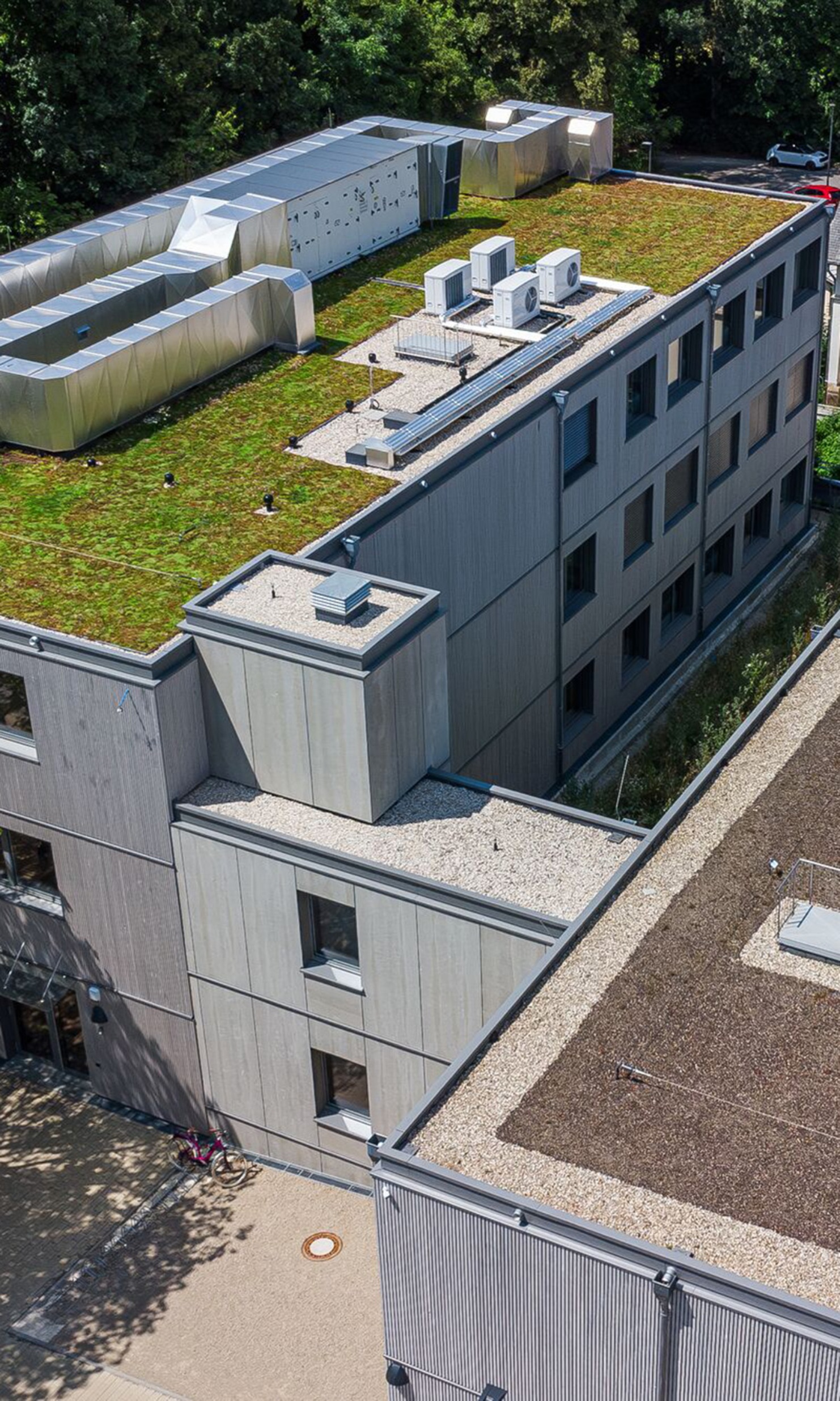 Graue Fassade des Schulmodulbaus mit vertikalen Holzleisten