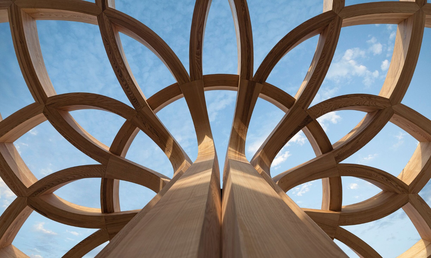 Structure en bois à formes libres en forme de tournesol.