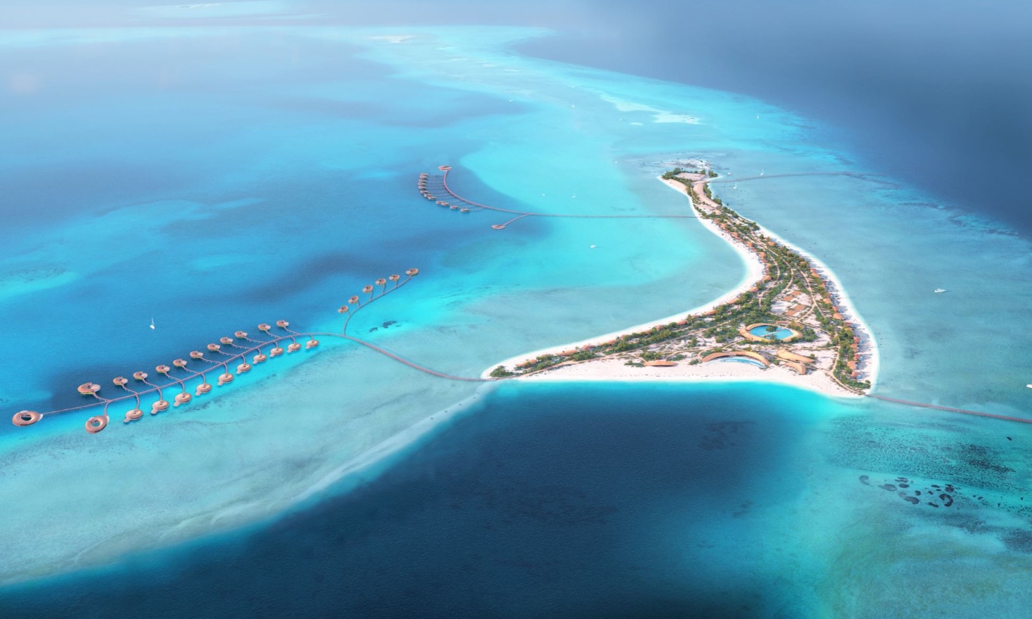 Vue aérienne du complexe hôtelier de l’Ummahat Island Resort en mer Rouge, conçu par l’architecte japonais Kengo Kuma