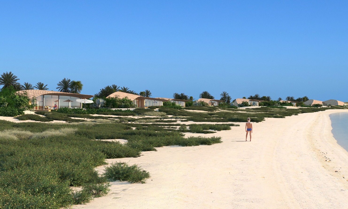 Sicht vom Meer auf das Ummahat Island Resort am Roten Meer, entworfen vom japanischen Architekten Kengo Kuma