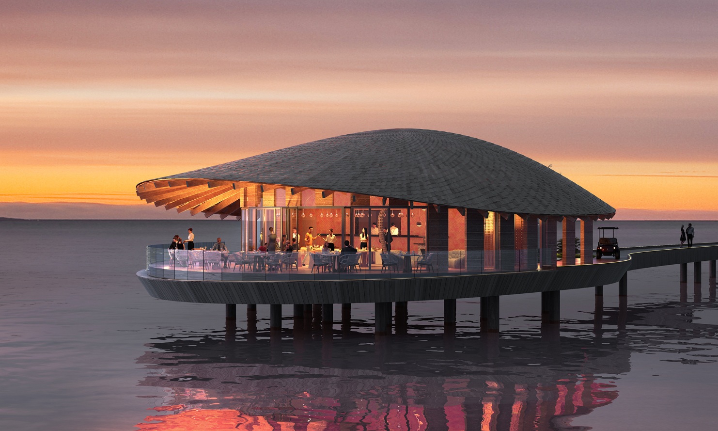 Restaurant du complexe hôtelier de l’Ummahat Island Resort en mer Rouge, conçu par l’architecte japonais Kengo Kuma