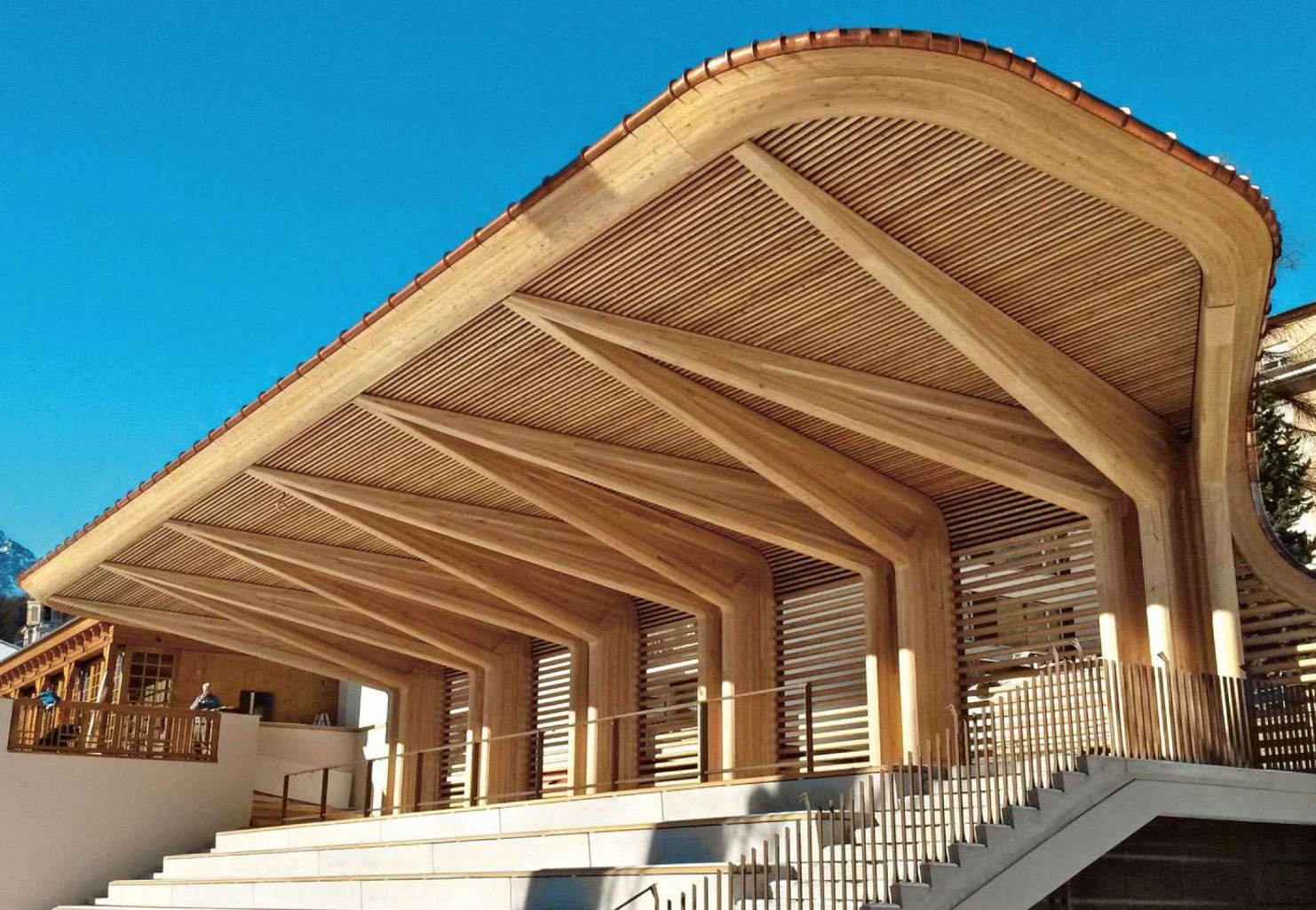 Overall view of the stand in St. Moritz against a blue sky