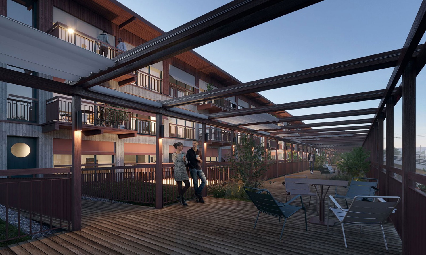 Pergola der Überbauung «Baggiwood» mit Holzdeck und Holzbalken