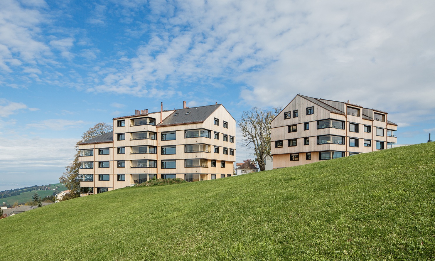 Zwei mehrgeschossige Wohnbauten aus Holz stehen auf grüner Wiese mit blauem Himmel