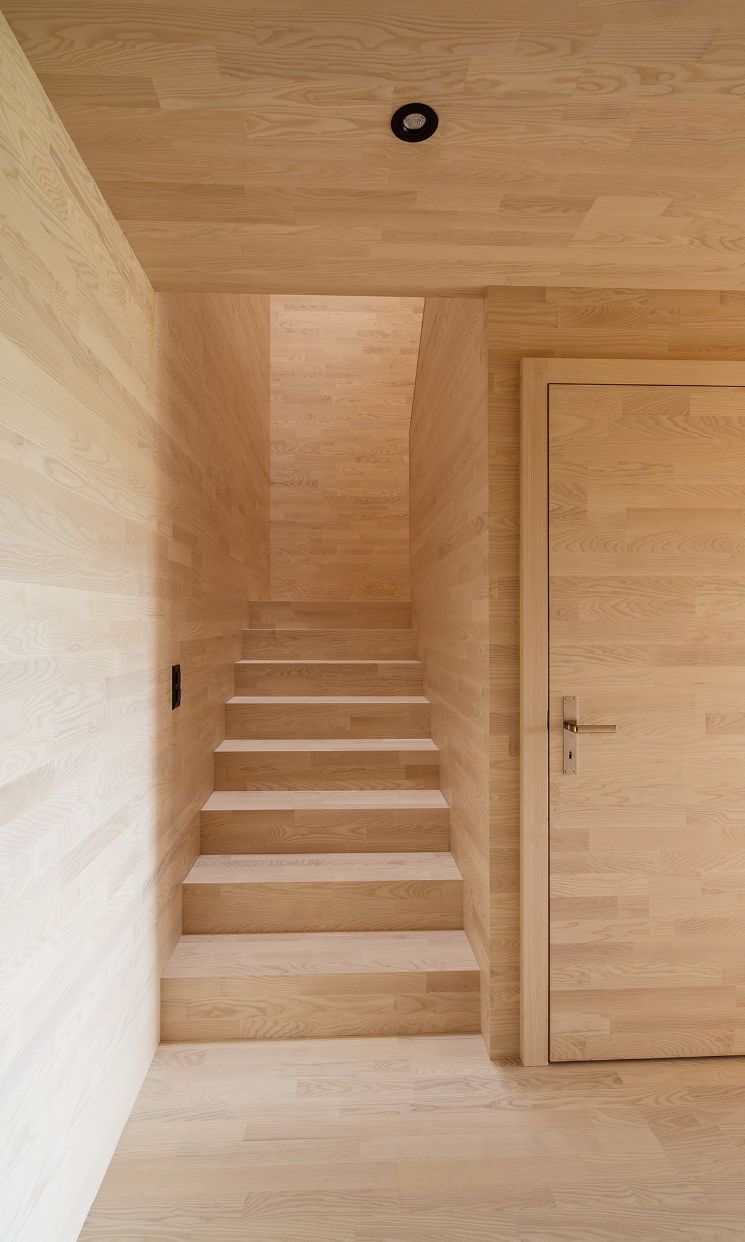 Vollständig ausgekleideter Treppenaufgang in Holz im mehrgeschossigen Holzbau Vögelinsegg