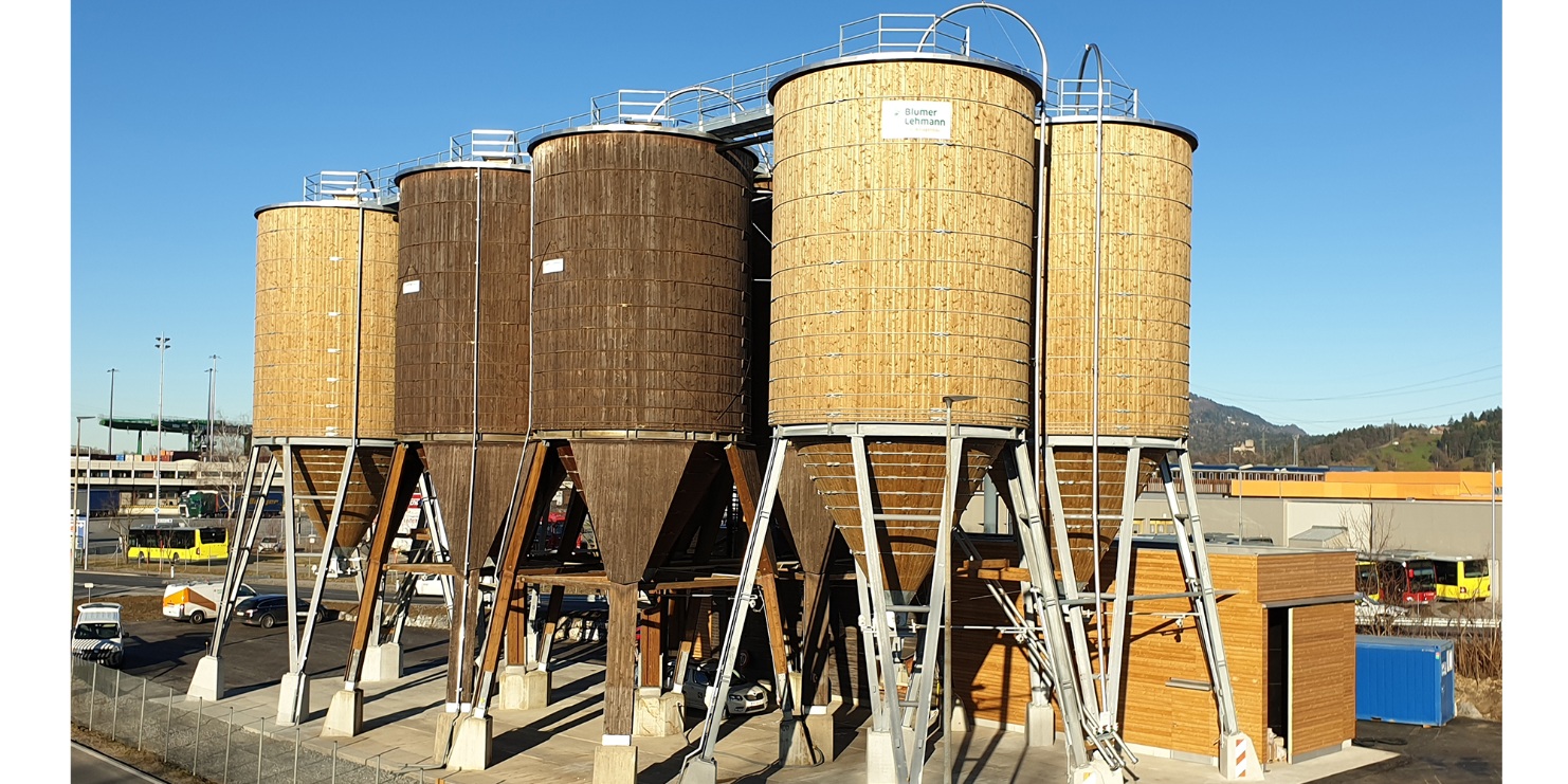 Complete facility in Wolfurt (Austria) consisting of eight round timber silos, steel base, steel platform and steel ladder