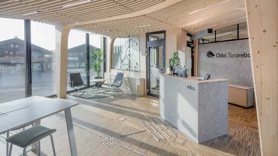 Bibliothek mit Galerie und Bücherregalen in geschwungener Bauform aus Holz.