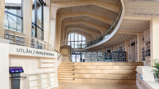 Bibliothek mit Galerie und Bücherregalen in geschwungener Bauform aus Holz.