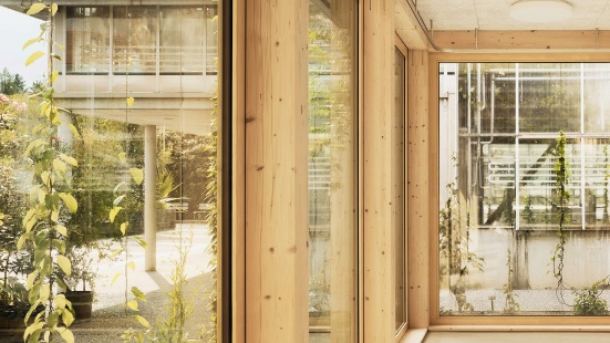 Blick durch die Holz-Glas-Wände aus dem neuerbauten Vortragssaal im botanischen Garten in St. Gallen